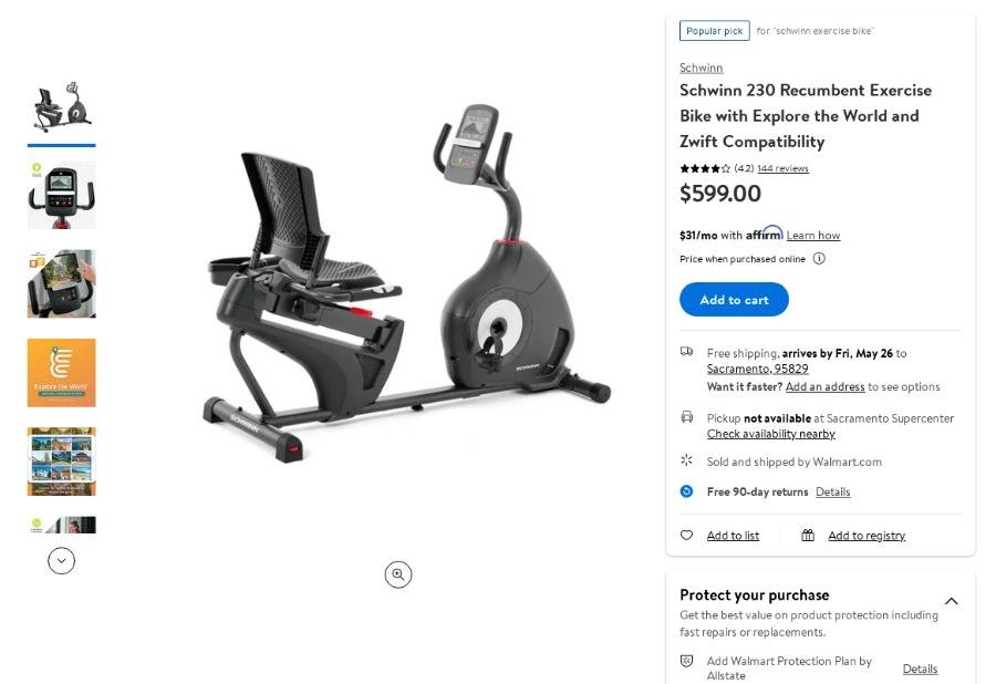 W4643 Schwinn 230 Recumbent Exercise Bike with Explore the World